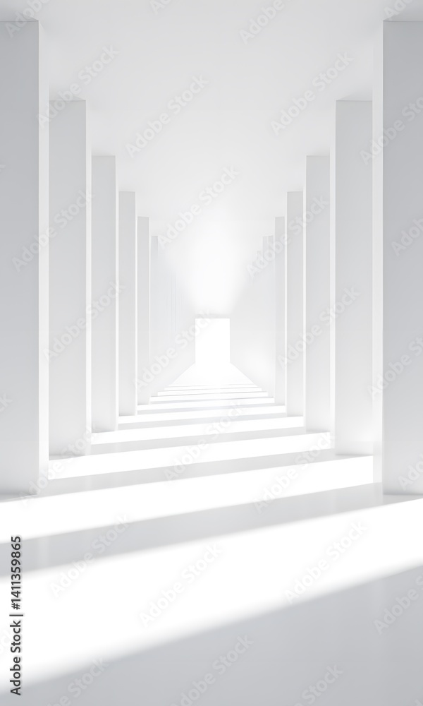 Obraz premium A white corridor with pillars on each side.