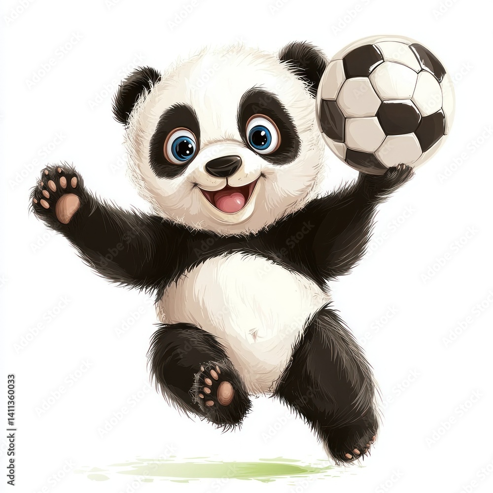 Fototapeta premium cute cartoon character panda playing with football isolated on white background 