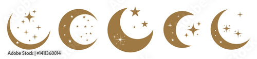 Crescent, half or full moon vector icons set. Set of gold moon and sparkling starlight various shapes. Moon phases flat design. Magical celestial design. Isolated vector illustration.
