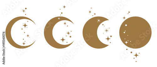 Crescent, half or full moon vector icons set. Set of gold moon and sparkling starlight various shapes. Moon phases flat design. Magical celestial design. Isolated vector illustration.