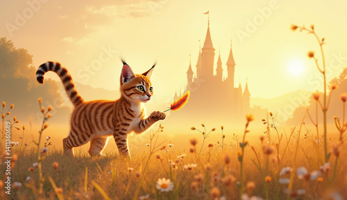 Playful kitten exploring meadow with feather whimsy and adventure
