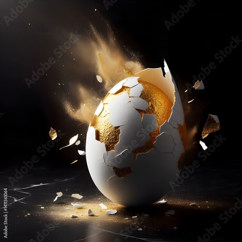 Exploding White Easter Egg Revealing Golden Glitter and Fragments on a Dark Surface