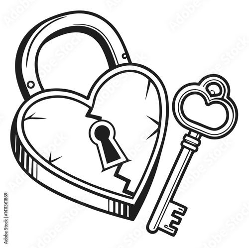  Broken Heart Lock and Key — Black & White 