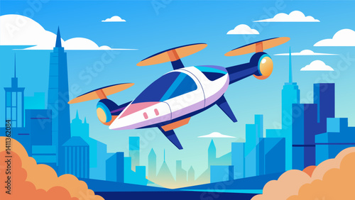 As it swiftly ascends into the sky the eVTOLs vertical takeoff catches the eye of onlookers in the river city mesmerized by its futuristic design.. Vector illustration