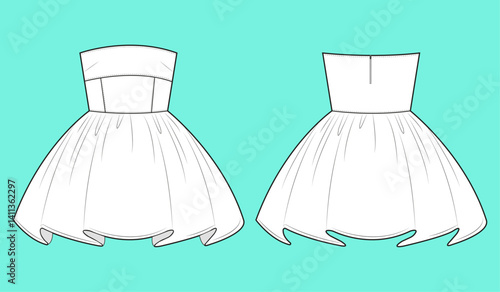  Off shoulder Mini skirt dress fashion tops flat sketch outline CAD mockup template.