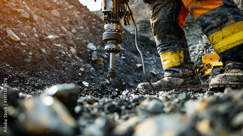 Fototapeta premium Mining worker operating a drill at a mineral exploration site. Featuring operation and exploration