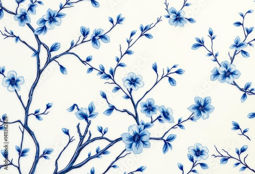 Elegant Chinoiserie-style blue and white floral branch pattern on ceramic background, antique, vintage