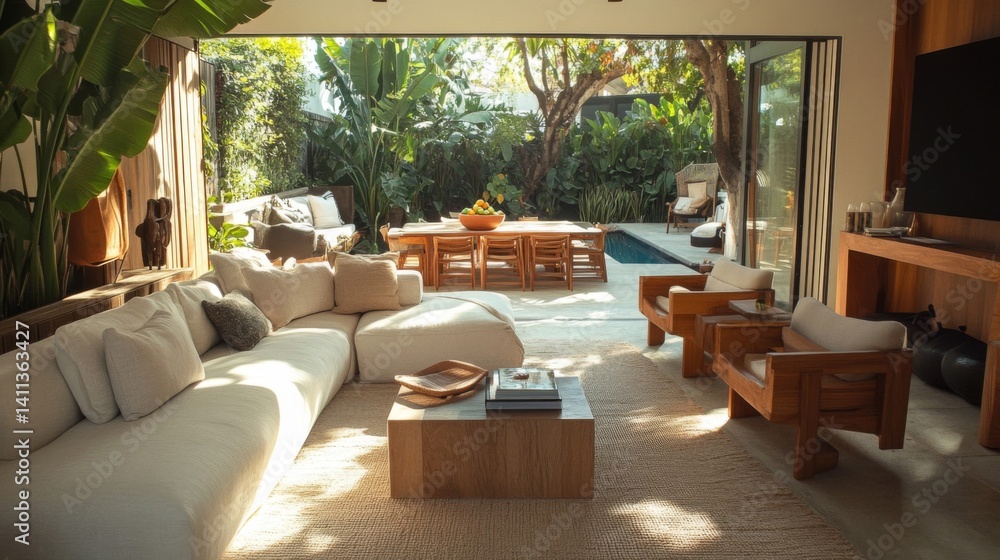 Fototapeta premium Bright Modern Living Room with Tropical Garden View