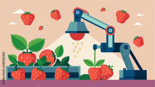Infrared sensors on the robotic picker can detect and remove any foreign objects or debris from the strawberries ensuring a clean and hygienic harvest.. Vector illustration