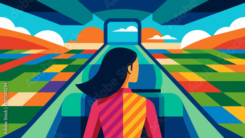 A woman marveling at the colorful patchwork of fields and meadows from her seat in the air taxi.. Vector illustration