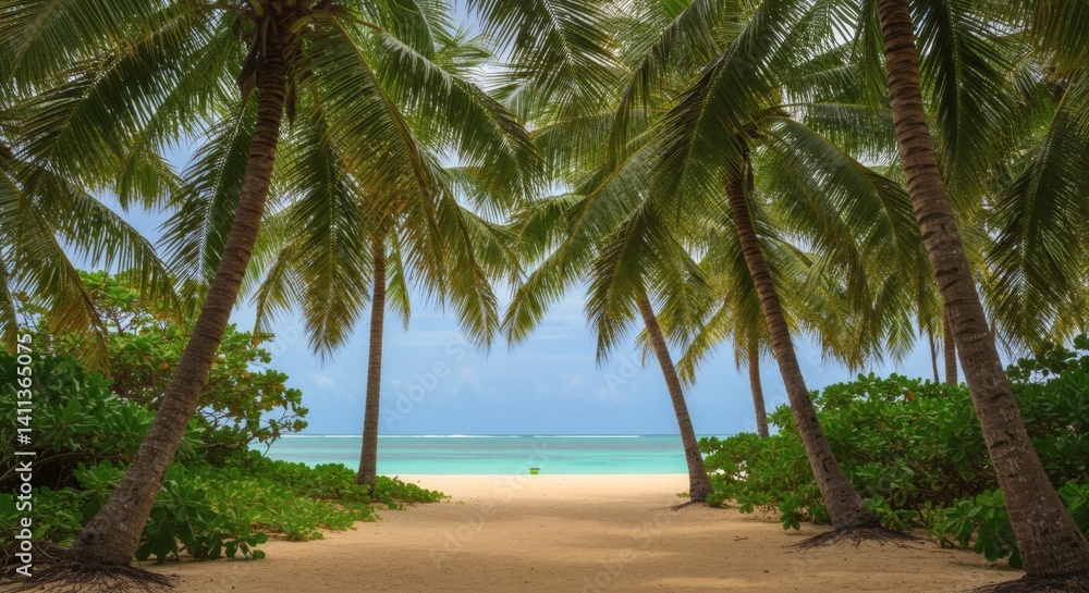 Fototapeta premium Tropical Beach Path with Palm Trees Leading to Turquoise Water