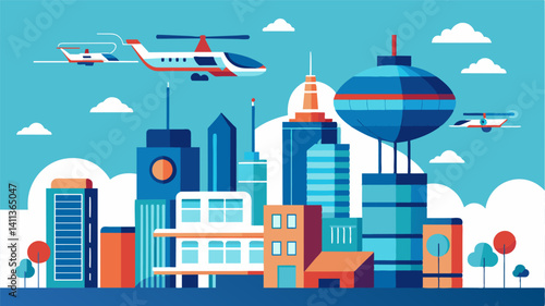 As the smart city continues to grow and expand the air taxi system evolves with it. Whether its new routes advanced technology or increased capacity the air taxi network is. Vector illustration
