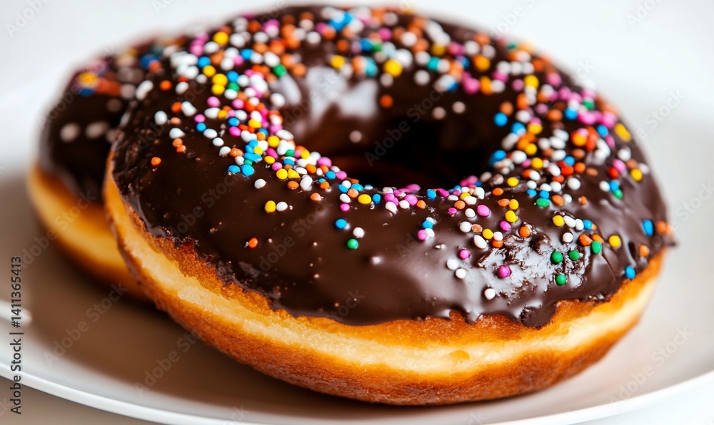 Two chocolate-glazed donuts topped with colorful sprinkles Two chocolate-glazed donuts topped with colorful sprinkles