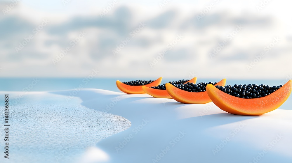 Obraz premium Three papaya halves filled with black seeds rest on a pristine white surface, with a blurred ocean backdrop. A tranquil and refreshing summer scene.