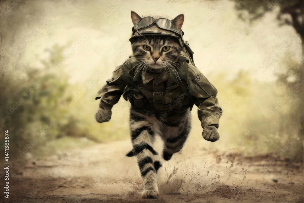 Fototapeta premium Soldier Cat Digital Art of a MilitaryClad Feline Running on Dirt Road in Vintage Grungy Style.