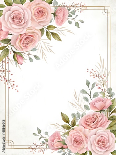 Wedding invitation design with blush pink roses arranged around the edges, soft watercolor style, elegant white background, copy space in center