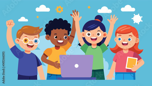A group of kids highfiving and cheering as they successfully debug a program they built on their laptops.. Vector illustration