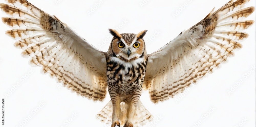 Obraz premium Beautiful owl in flight with wings spread, sharp gaze, and vibrant feathers against a white background.