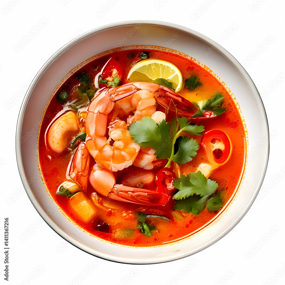 Tom Yum Soup with Shrimp: A vibrant bowl of Tom Yum soup, brimming with tender shrimp, aromatic lemongrass, chili peppers, and fresh herbs. Tom Yum Soup with Shrimp: A vibrant bowl of Tom Yum soup, brimming with tender shrimp, aromatic lemongrass, chili peppers, and fresh herbs.
