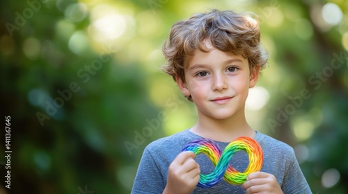 young boy with an infinity symbol in vibrant rainbow colors representing neurodiversity and inclusion standing in a garden setting with bokeh background