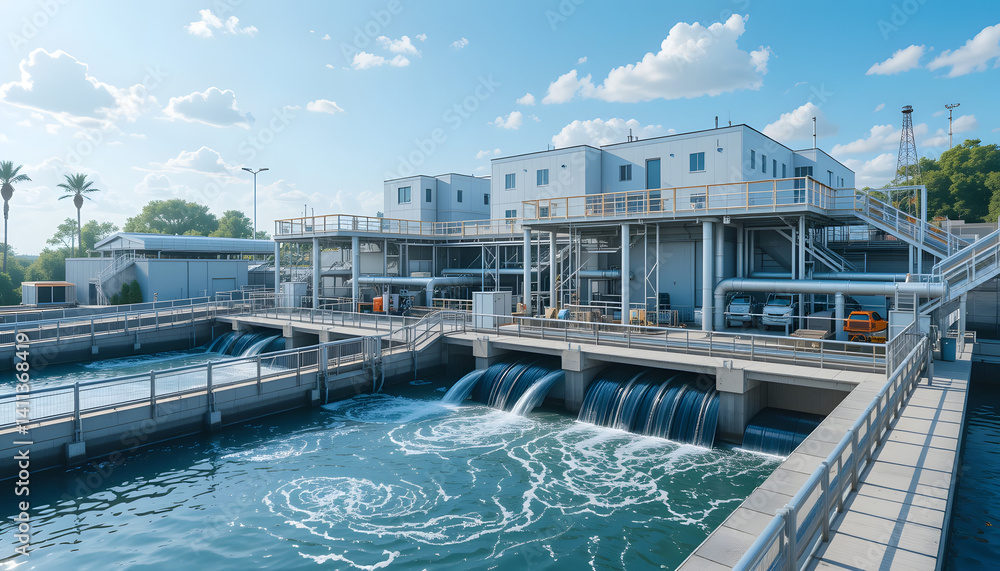 Obraz premium Title: Water Treatment Facility with Flowing Channels and Filtration Equipment