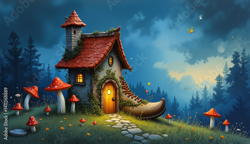Whimsical shoe-shaped house surrounded by mushrooms fairy tale charm