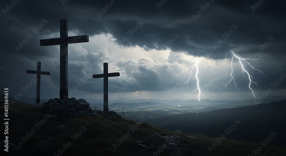 Naklejka premium Stormy Hilltop Crosses: A Dramatic Landscape Painting