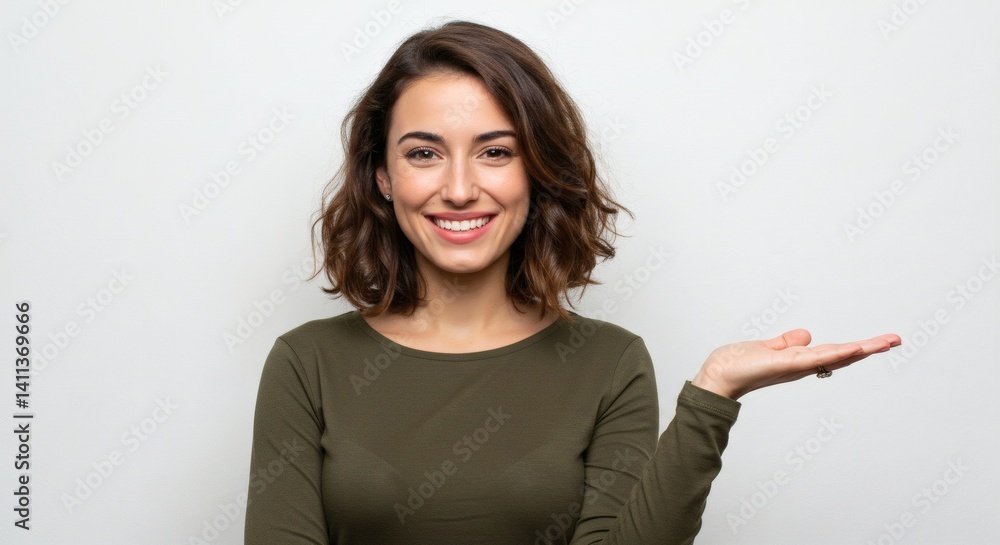 Smiling Woman Presenting Empty Hand for Product Placement or Advertising Smiling Woman Presenting Empty Hand for Product Placement or Advertising