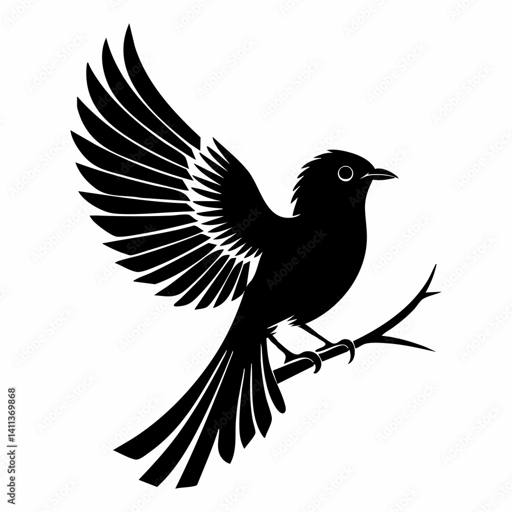 Naklejka premium Silhouette bird perched on branch with spread wings in vector illustration.