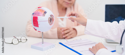 Elderly Patient consulting Doctor to Eye disease, Senior Medical Diagnosis. Anatomy Eye model for Cataract, Glaucoma, Age Related Macular Degeneration, Diabetic Retinopathy, Vitreous, health concept