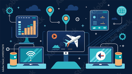 The displays in the pit feature AIassisted predictive technology offering the pilot suggestions and alerts to optimize the flight path for the safest and most efficient journey.. Vector illustration