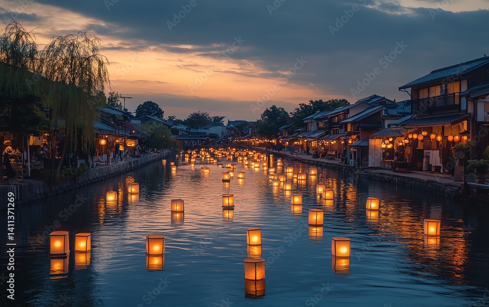 Naklejka premium Serene canal scene at sunset, illuminated by floating lanterns.