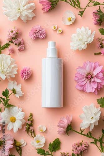 Lotion with Flowers on Pink Surface