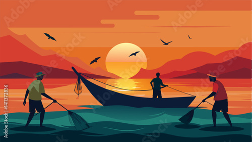 As the sun sets on the horizon the fishermen return to shore with their nets completely devoid of any fish highlighting the urgency of sustainable fishing practices.. Vector illustration