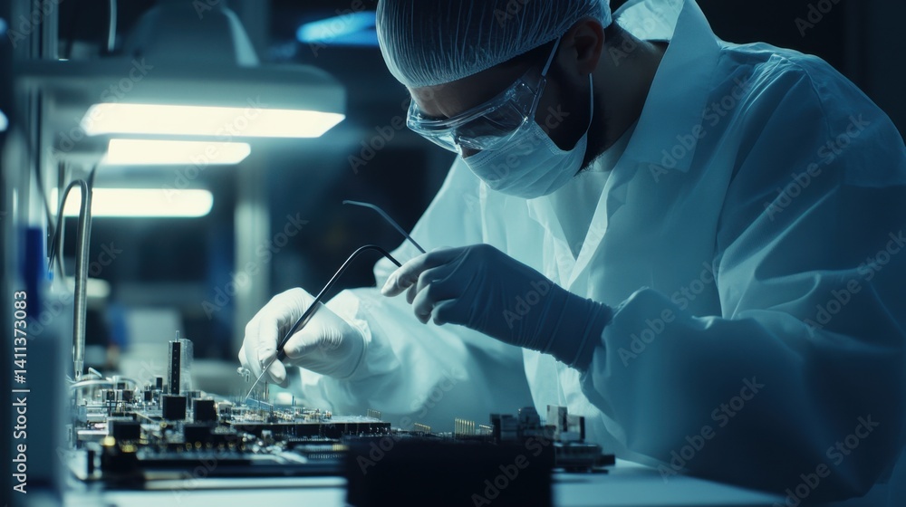 Technician assembling circuit boards in a factory. Featuring precision and technology Technician assembling circuit boards in a factory. Featuring precision and technology