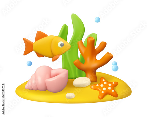 Underwater sea life vector 3d design. Coral, seaweed, starfish, shell, swimming fish and water bubbles illustration. Cartoon cute composition isolated on white background