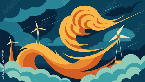 The turbulent winds seem to bow down to the precision and agility of the eVTOLs showcasing their advanced navigation and stability in the stormy sky.. Vector illustration