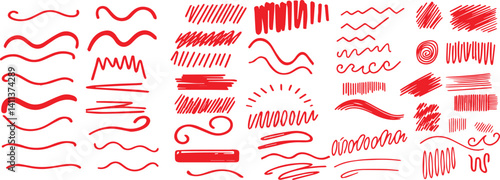 Red marker underline brush stroke set. Marker red pen highlights squiggle stroke. Vector swoosh brush handwritten underline set for accent, pencil emphasis element. Vector illustration