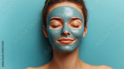 serene visage of a woman adorned with a revitalizing clay mask offering a moment of rejuvenation and self-care against a calming azure backdrop
