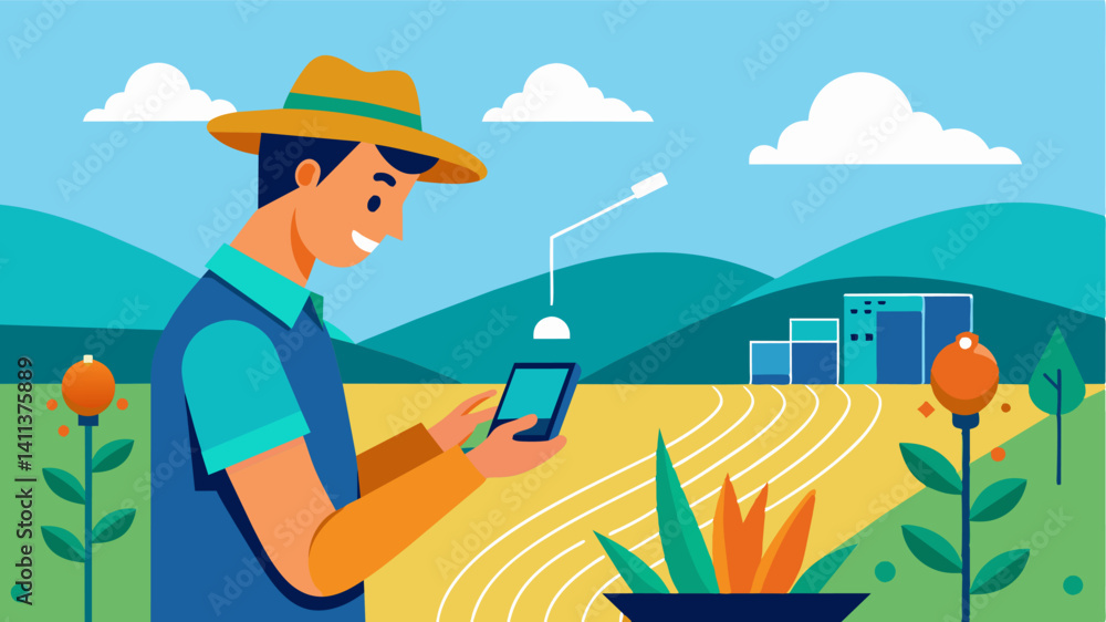 Soil Moisture Monitoring Through the use of sensors and AI farmers can accurately monitor soil moisture levels and irrigate accordingly saving water and reducing costs.. Vector illustration Soil Moisture Monitoring Through the use of sensors and AI farmers can accurately monitor soil moisture levels and irrigate accordingly saving water and reducing costs.. Vector illustration