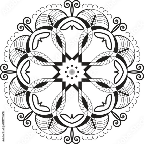 new black and white mandala vector isolated on white. Vector hand drawn circular decorative element and black background