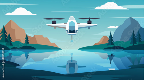 The peacefulness of a serene lake is momentarily interrupted as an eVTOL makes a smooth vertical landing on its glassy surface.. Vector illustration