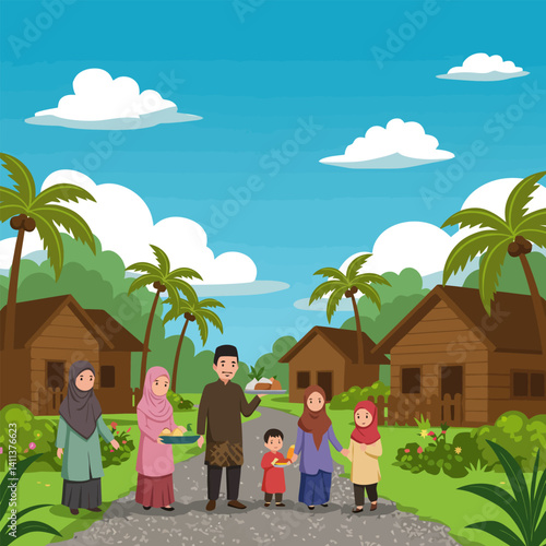 Family Walking in Village with Food Sharing and Celebration