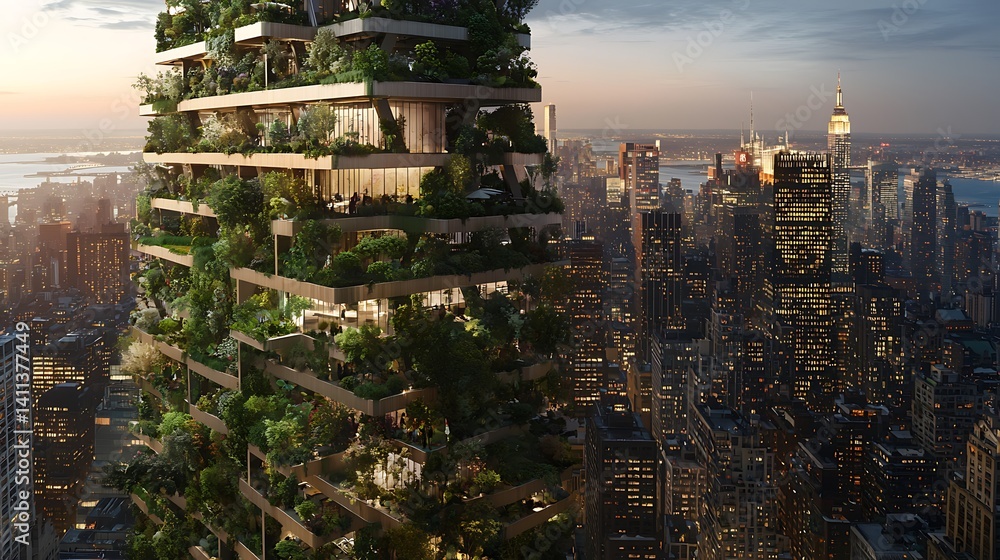 Obraz premium Lush green skyscraper overlooking city skyline at sunset.