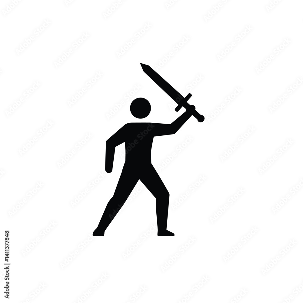 Stick Figure Warrior Raises Sword In Victory Silhouette Isolated On White Stick Figure Warrior Raises Sword In Victory Silhouette Isolated On White