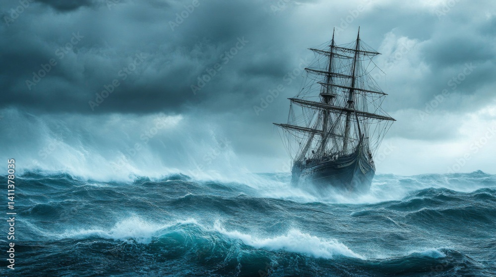 Obraz premium Dark Sailing Ship Battling a Stormy Ocean