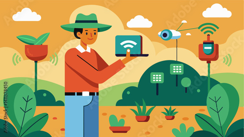 Farmers are able to remotely monitor the health of their crops through IoTenabled cameras receiving alerts if any abnormalities or diseases are detected.. Vector illustration