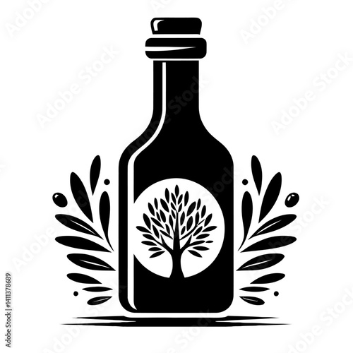 Elegant Olive Oil Bottle and Tree Silhouette Illustration