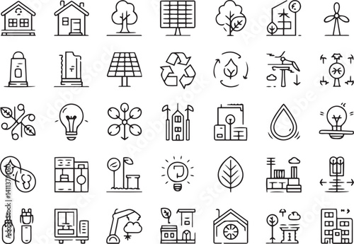 Eco-themed icon set in minimalist line art featuring solar panels, wind turbines, smart homes, recycling, and energy-efficient symbols for green living graphics
