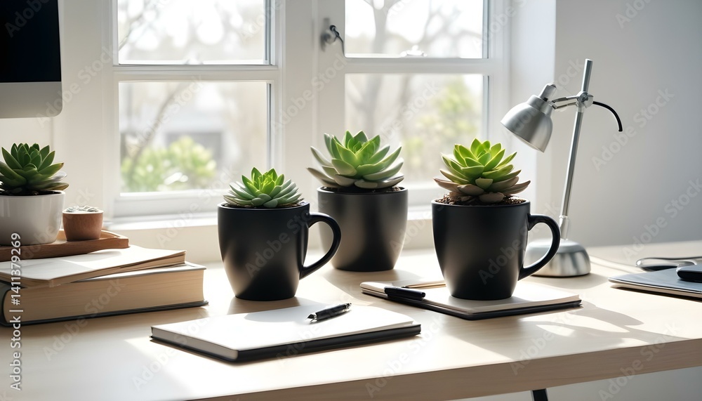 Black mug mockup with a lamp, succulent plant and workspace accessories on a white table. Black mug mockup with a lamp, succulent plant and workspace accessories on a white table.